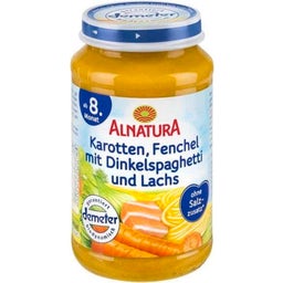 Bio Babygläschen Karotten-Fenchel mit Dinkelspaghetti und Lachs - 220 g