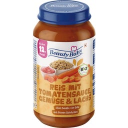 Bio Reis mit Tomatensauce, Gemüse & Lachs - 250 g